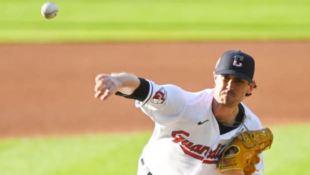 Jul 4, 2023; Cleveland, Ohio, USA; Cleveland Guardians starting pitcher Shane Bieber (57) delivers a pitch in the first inning against the Atlanta Braves at Progressive Field.